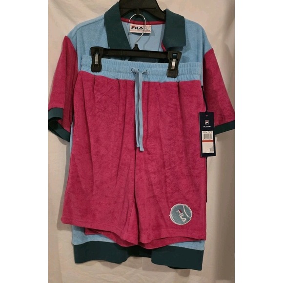 Men's Fila Tennis Terry Cloth Hot PinkBlue Short Set Top M Bottom XS NWT